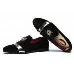 Black Velvet Gold Emblem Mens Oxfords Loafers Dress Shoes Flats