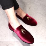 Burgundy Velvet Gold Horn Mens Oxfords Loafers Dress Shoes Flats