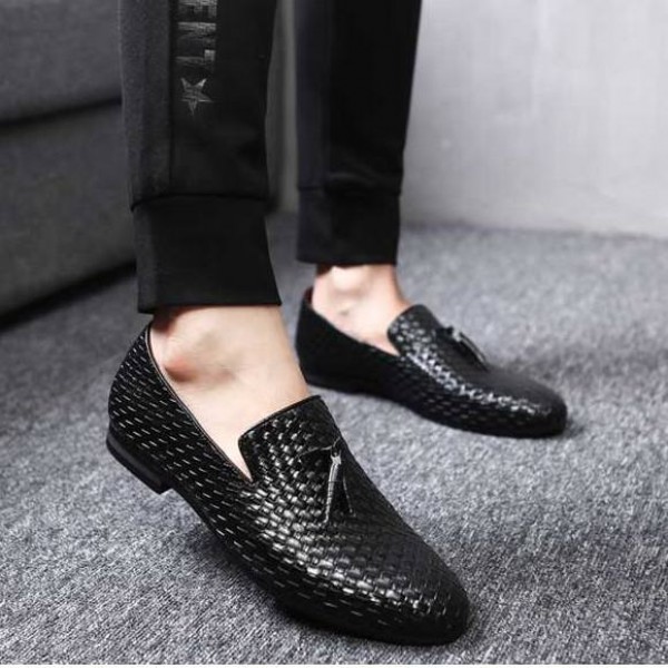 Black Knitted Leather Tassels Mens Oxfords Loafers Dress Shoes Flats