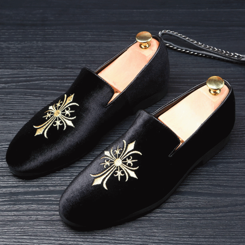 Men Black Velvet Embroidered Loafers Slipons Shoes | Groom Shoes
