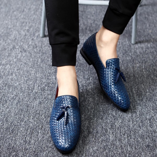 Blue Knitted Leather Tassels Mens Oxfords Loafers Dress Shoes Flats