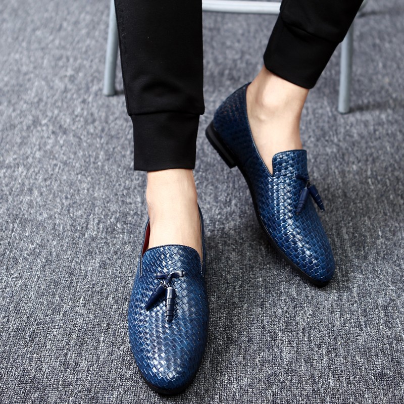 Blue Knitted Leather Tassels Mens Loafers Dress Shoes Flats