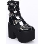 Black Patent Strappy Lolita Platforms Punk Rock Chunky Heels Boots Creepers Shoes