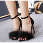 Black Suede Feather Fur Flurry Sexy High Stiletto Heels Sandals Shoes