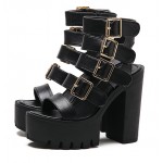 Black Straps Buckles Block Chunky Sole High Heels Gladiator Platforms Sandals Shoes