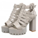 Grey Strappy Block Chunky Sole High Heels Gladiator Platforms Sandals Shoes