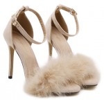 Khaki Beige Suede Feather Fur Flurry Sexy High Stiletto Heels Sandals Shoes