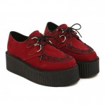 Red Suede Stitches Lace Up Platforms Creepers Oxfords Shoes