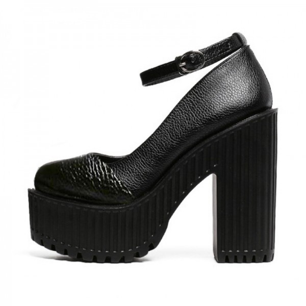 Black Mary Jane Round Head Ankle Straps Lolita Punk Rock Platforms High Heels Shoes