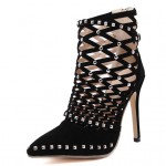 Black Suede Gladiator Hollow Out Bird Cage Stiletto High Heels Boots Shoes