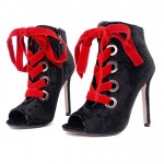 Black Velvet Red Lace Up Peep Toe High Heels Stiletto Sandals Shoes