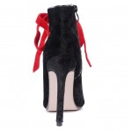 Black Velvet Red Lace Up Peep Toe High Heels Stiletto Sandals Shoes