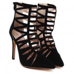 Black Suede Studs Hollow Out Bird Cage Stiletto High Heels Boots Shoes
