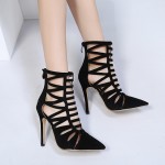 Black Suede Studs Hollow Out Bird Cage Stiletto High Heels Boots Shoes