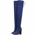 Denim Blue Pointed Head Stretchy Over the Knee Stiletto High Heels Long Boots Shoes