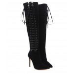 Black Suede Point Head Long Knee Lace Up High Heels Boots Shoes