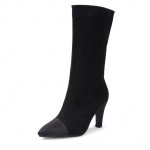 Black Suede Point Head Mid Length High Heels Boots Shoes
