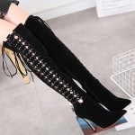 Black Suede Point Head Long Knee Lace Up High Heels Boots Shoes