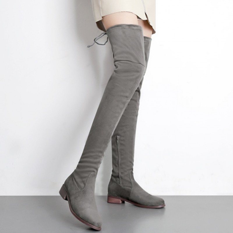 Grey Suede Long Knee Rider Flats Boots 