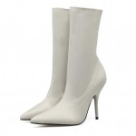 Cream Stretchy Satin Point Head Mid Length Stiletto High Heels Boots Shoes