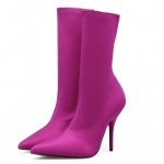 Purple Red Stretchy Satin Point Head Mid Length Stiletto High Heels Boots Shoes