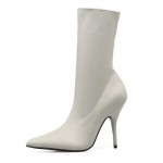 Cream Stretchy Satin Point Head Mid Length Stiletto High Heels Boots Shoes