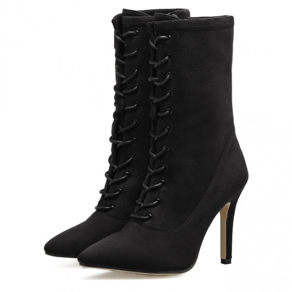 Black Point Head Mid Length Lace Up Rider Stiletto High Heels Boots Shoes