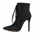 Black Suede Metal Studs Point Head Lace Up Stiletto High Heels Boots Shoes