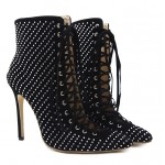 Black Suede Metal Studs Point Head Lace Up Stiletto High Heels Boots Shoes