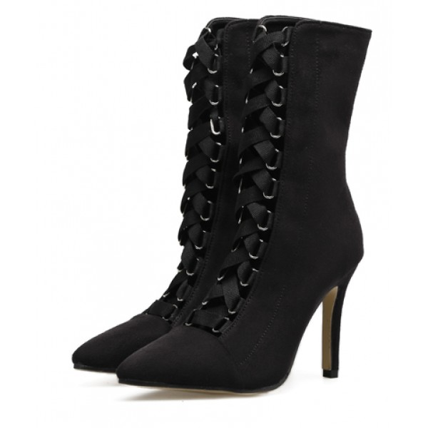 Black Suede Point Head Mid Length Lace Up Rider Stiletto High Heels Boots Shoes