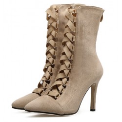 Khaki Suede Point Head Mid Length Lace Up Rider Stiletto High Heels Boots Shoes