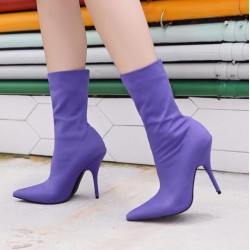 Purple Stretchy Satin Point Head Mid Length Stiletto High Heels Boots Shoes