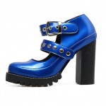 Blue Patent Studs Gothic Punk Rock Chunky Block High Heels Mary Jane Shoes