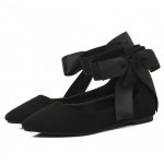 Black Suede Point Head Ankle Giant Bow Ballerina Ballet Flats Shoes