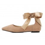 Khaki Suede Point Head Ankle Giant Bow Ballerina Ballet Flats Shoes