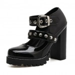 Black Patent Studs Gothic Punk Rock Chunky Block High Heels Mary Jane Shoes