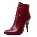 Burgundy Leather Lace Up Point Head Stiletto High Heels Ankle Boots Shoes