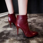 Burgundy Leather Lace Up Point Head Stiletto High Heels Ankle Boots Shoes