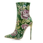 Green Satin Embroidered Floral Point Head Ankle Stiletto High Heels Boots Shoes