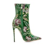 Green Satin Embroidered Floral Point Head Ankle Stiletto High Heels Boots Shoes