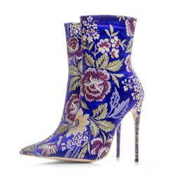 Blue Royal Satin Embroidered Floral Point Head Ankle Stiletto High Heels Boots Shoes