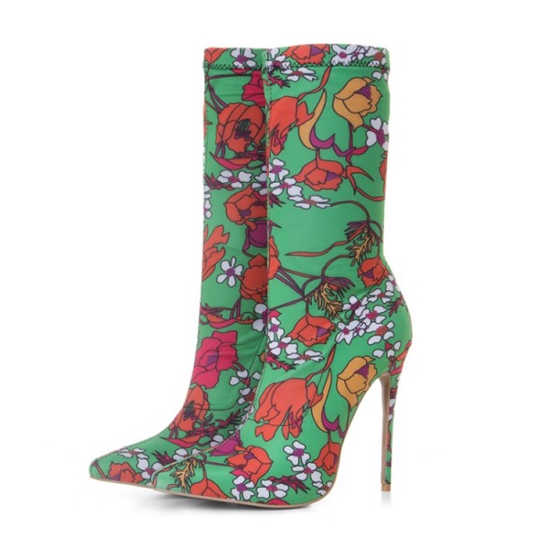 Green Floral Stretchy Point Head Ankle Stiletto High Heels Boots Shoes
