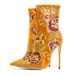 Yellow Satin Embroidered Floral Point Head Ankle Stiletto High Heels Boots Shoes