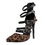 Black Leopard Print Point Head Strappy Stiletto High Heels Shoes