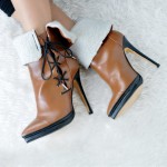 Brown Point Head Woolen Fold Flap Stiletto High Heels Rider Ankle Boots Shoes