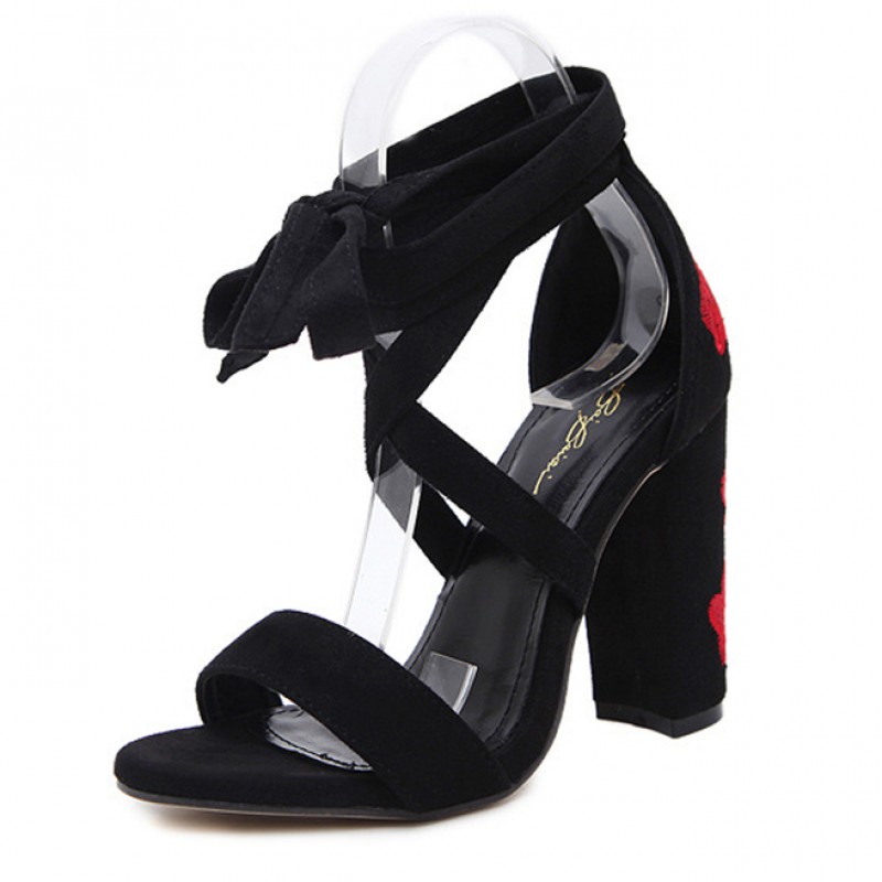 Black Suede Embroidered Red Rose Block Heels Strappy Sandals