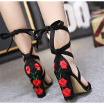 Black Suede Embroidered Red Rose Block Heels Strappy Sandals Shoes