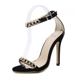 Black Suede Gold Metal Chain Straps Stiletto High Heels Sandals Shoes