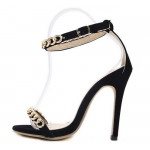 Black Suede Gold Metal Chain Straps Stiletto High Heels Sandals Shoes