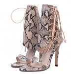 Khaki Snake Print Side Ankle Lace Up Booties Stiletto High Heels Sandals Shoes